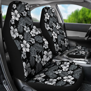 Black With Hibiscus Pattern In Gray and White Car Seat Covers Hawaiian Tropical Polynesian Pattern