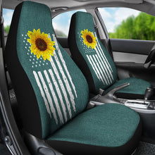 Load image into Gallery viewer, Distressed American Flag With Rustic Sunflower on Teal Faux Denim Style Car Seat Covers
