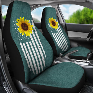 Distressed American Flag With Rustic Sunflower on Teal Faux Denim Style Car Seat Covers