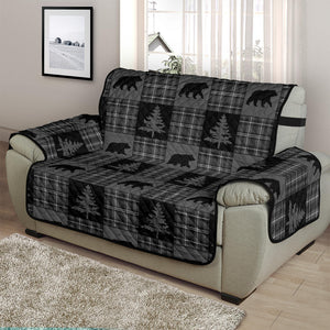 Gray and Black Plaid With Bears and Pine Trees Rustic Patchwork Pattern on Chair and a Half