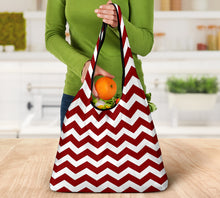 Load image into Gallery viewer, Chevron Pattern Reusable Grocery Shopping Bags In Navy, Red, Black and White
