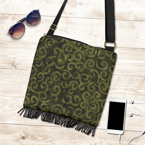 Olive Green Batik Swirls Design Canvas Printed Boho Bag With Fringe Crossbody Shoulder Purse