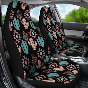 Pastel Turquoise and Rose Cactus Boho Pattern on Black Car Seat Covers Set of 2