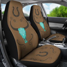 Load image into Gallery viewer, Turquoise Boho Cow Skull on Faux Brown Suede Car Seat Covers
