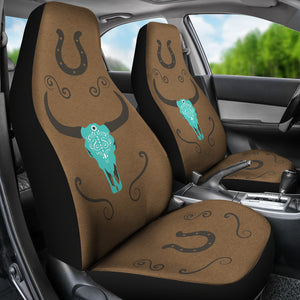 Turquoise Boho Cow Skull on Faux Brown Suede Car Seat Covers