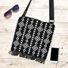 Load image into Gallery viewer, Black and White Ethnic Tribal Pattern on Crossbody Boho Bag With Fringe Bottom
