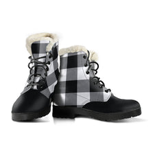 Load image into Gallery viewer, Black and White Buffalo Check Vegan Leather Faux Fur Lined Winter Boots Color Block With White Black Toe
