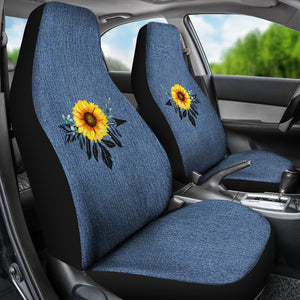 Sunflower Dreamcatcher Boho Design On Rustic Blue Faux Denim Car Seat Covers
