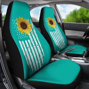 Teal With Distressed American Flag and Sunflower Car Seat Covers Set