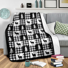 Load image into Gallery viewer, Black and White Buffalo Plaid With Deer and Pine Trees Pattern Fleece Throw Blanket
