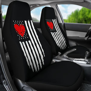 Black With Distressed American Flag and Heart Car Seat Covers Set