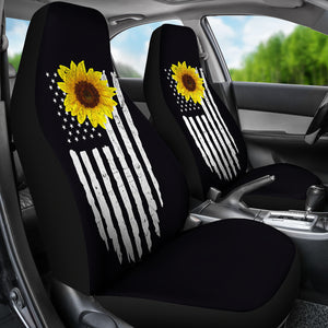 Distressed American Flag With Rustic Sunflower on Black Car Seat Covers