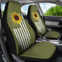 Load image into Gallery viewer, Army Green With Distressed American Flag and Sunflower Car Seat Covers Set
