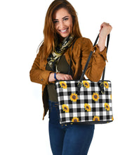 Load image into Gallery viewer, Black White Buffalo Plaid With Sunflowers Tote Bags
