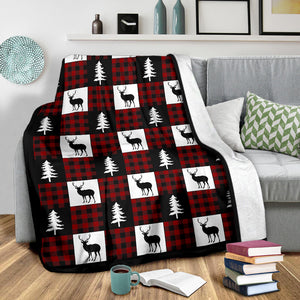 Black, White and Red Buffalo Plaid With Buck and Pine Tree Patchwork Pattern Fleece Throw Blanket