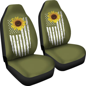 Army Green With Distressed American Flag and Sunflower Car Seat Covers Set
