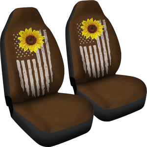 Distressed American Flag With Rustic Sunflower on Dark Brown Faux Suede Style Car Seat Covers