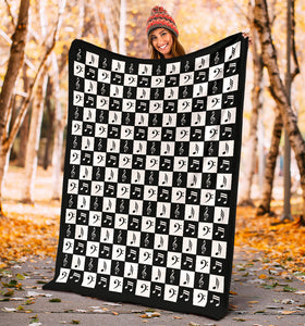 Black and White Music Notes Checkered Pattern Fleece Throw Blanket