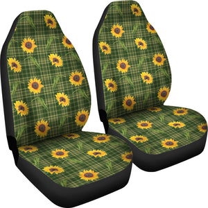 Green Plaid With Sunflowers Pattern Car Seat Covers Set