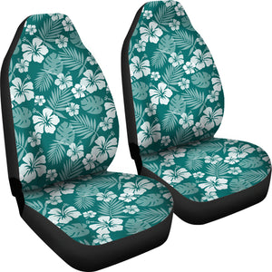 Dark Teal and White Hibiscus Flower Car Seat Covers Set of 2 Hawaiian Pattern