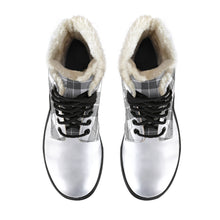 Load image into Gallery viewer, Gray and White Plaid Faux Fur Lined Vegan Leather Boots With White Toe
