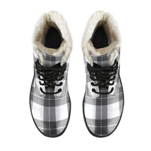 Load image into Gallery viewer, Gray and White Plaid Faux Fur Lined Vegan Leather Boots
