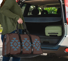 Load image into Gallery viewer, Brown Faux Suede and Blue Tribal Design Travel Bag Duffel With Black Faux Leather Handles
