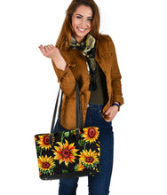 Load image into Gallery viewer, Sunflowers on Black Vegan Leather Tote Bag
