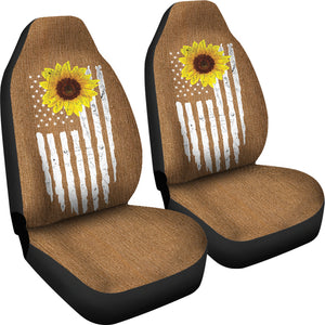 Distressed American Flag With Rustic Sunflower on Rust Colored Denim Style Car Seat Covers