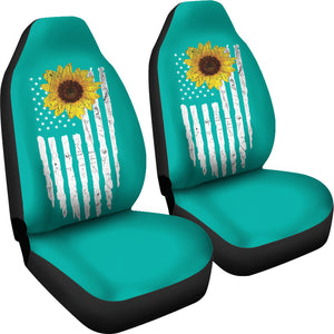 Teal With Distressed American Flag and Sunflower Car Seat Covers Set