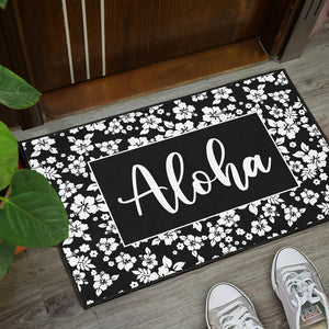 Aloha Black and White Hibiscus Hawaiian Pattern Door Mat