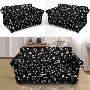 Music Notes Pattern in Black and White on Stretch Loveseat Slipcover Protector