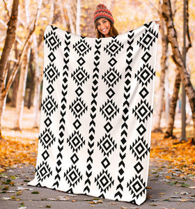 White With Black Ethnic Tribal Pattern Fleece Throw Blanket