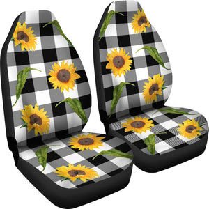 Black and White Buffalo Plaid With Rustic Sunflowers Car Seat Covers Seat Protectors Farmhouse
