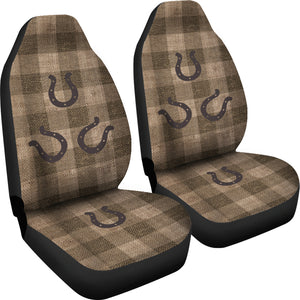 Dark Burlap Style Buffalo Plaid Car Seat Covers With Rustic Horseshoes Western Cowboy Farmhouse
