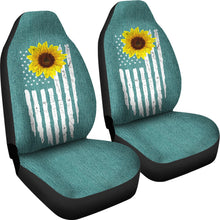 Load image into Gallery viewer, Distressed American Flag With Rustic Sunflower on Turquoise Faux Denim Style Car Seat Covers
