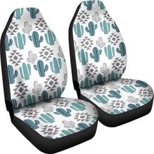 Load image into Gallery viewer, Teal and Gray Boho Cactus Pattern On White Car Seat Covers Set of 2

