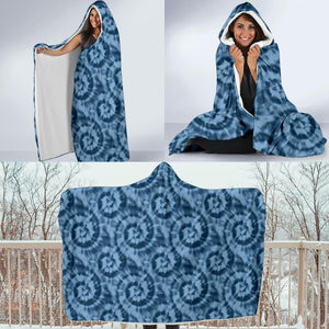 Blue Tie Dye Hooded Blanket With White Fleece Lining