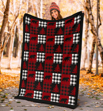 Load image into Gallery viewer, Red, Black and White, Buffalo Plaid Patchwork Style Fleece Throw Blanket
