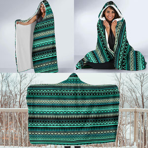 Teal and Black Ethnic Pattern Hooded Blanket