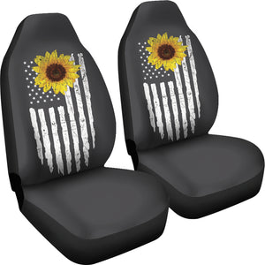 Charcoal Gray With Distressed American Flag and Sunflower Car Seat Covers Set