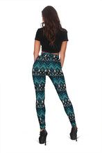 Load image into Gallery viewer, Black and Teal Blue Ethnic Pattern Leggings
