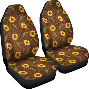 Rustic Sunflower Pattern on Faux Leather Printed Background Car Seat Covers Seat Protectors