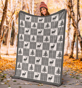 Winter Plaid Pattern Fleece Blanket Patchwork Deer and Pine Trees Pattern Dark Gray Border