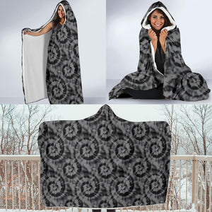 Gray and Black Tie Dye Hooded Blanket With White Fleece Lining