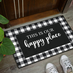 This is our happy place black and white buffalo plaid door mat