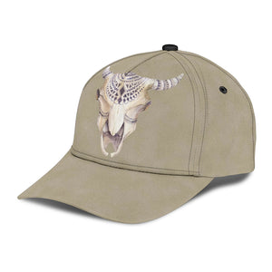 Stone Colored Classic Hat Baseball Cap With Boho Cow Skull