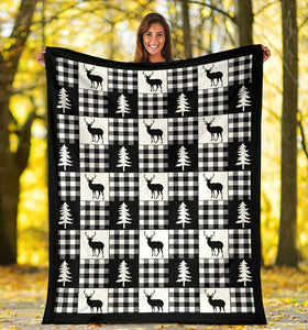 Black and White Buffalo Plaid With Deer and Pine Trees Pattern Fleece Throw Blanket