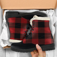 Load image into Gallery viewer, Red and Black Buffalo Plaid Faux Fur Lined Vegan Leather Boots With Black Toe
