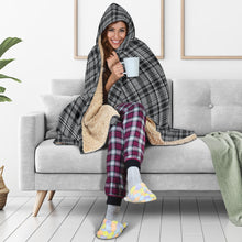 Load image into Gallery viewer, Gray, Black and White Plaid, Tartan Hooded Blanket With Tan Sherpa Lining
